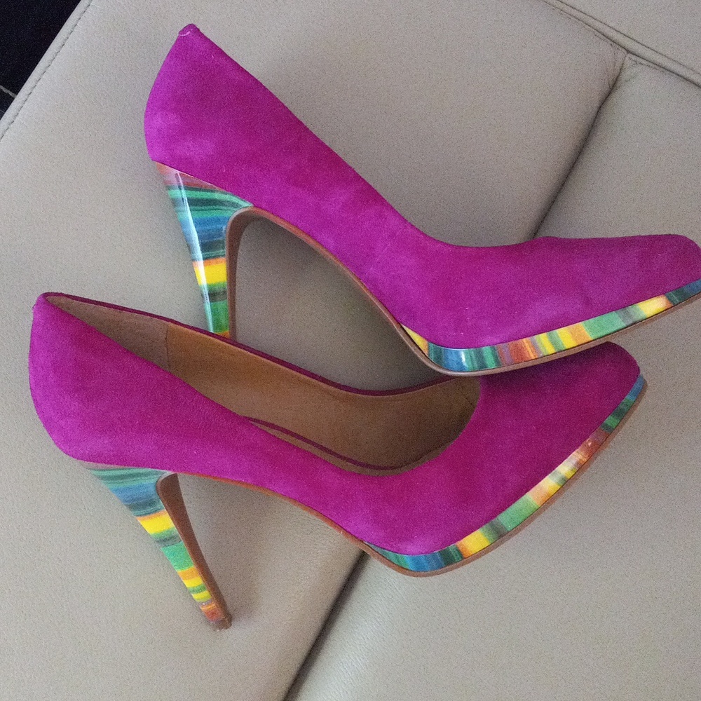 Nine West Rocha Fuchsia Suede Pumps with Multicolor Striped Heel Size 9M - Picture 11 of 17